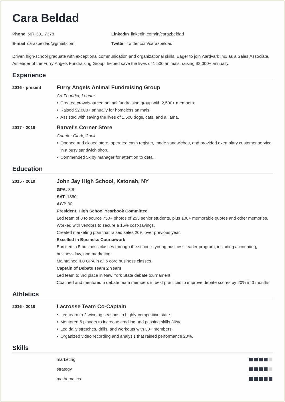 First Time Job Resume College Student