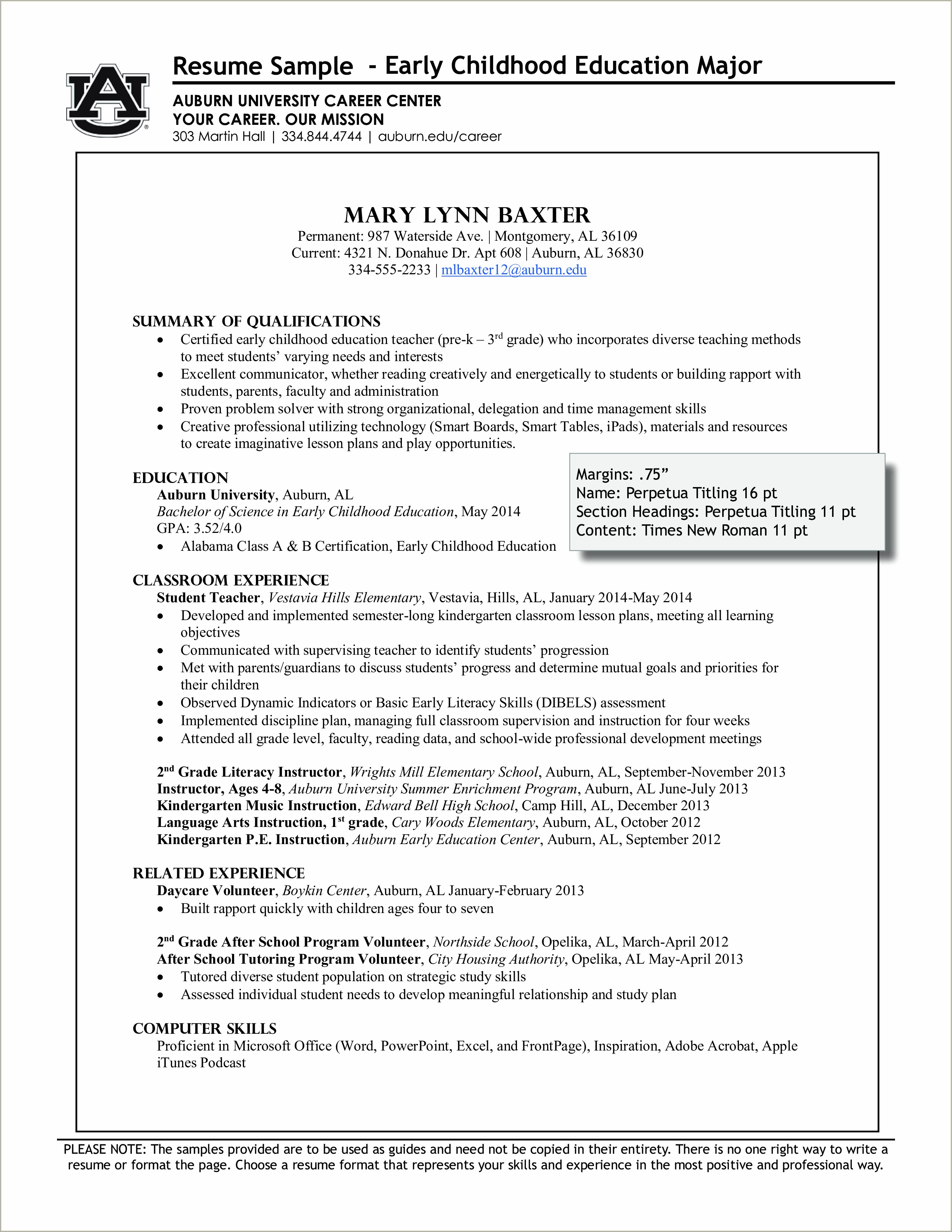 First Year Elementary School Teacher Resume