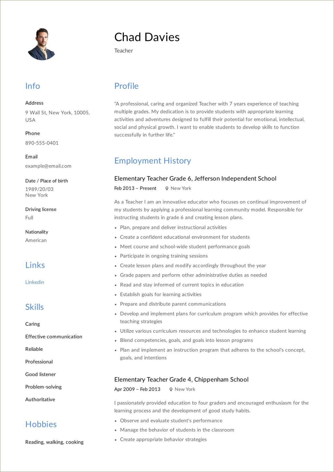 First Year Elementary Teacher Resume Examples