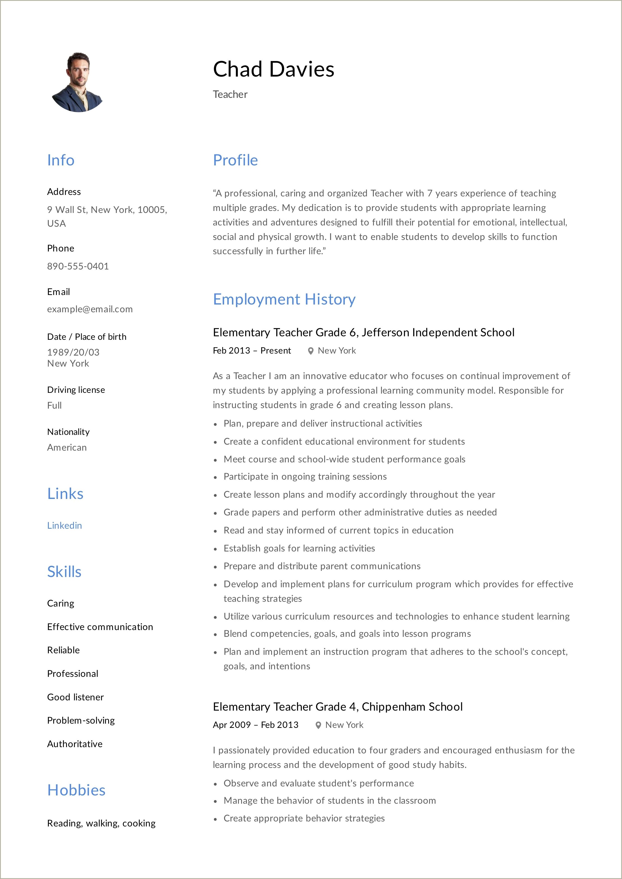 First Year Elementary Teacher Resume Examples