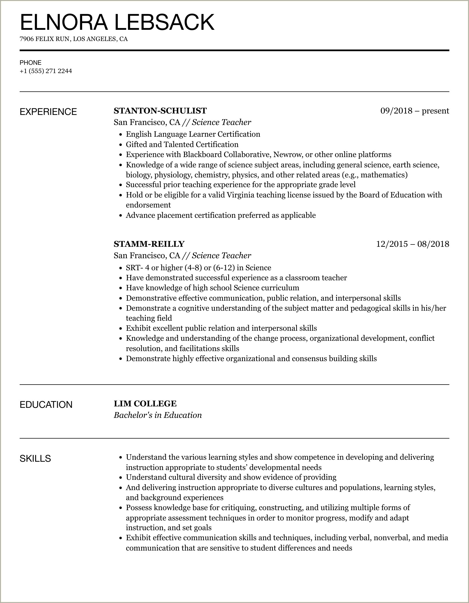 First Year Middle School Teacher Resume