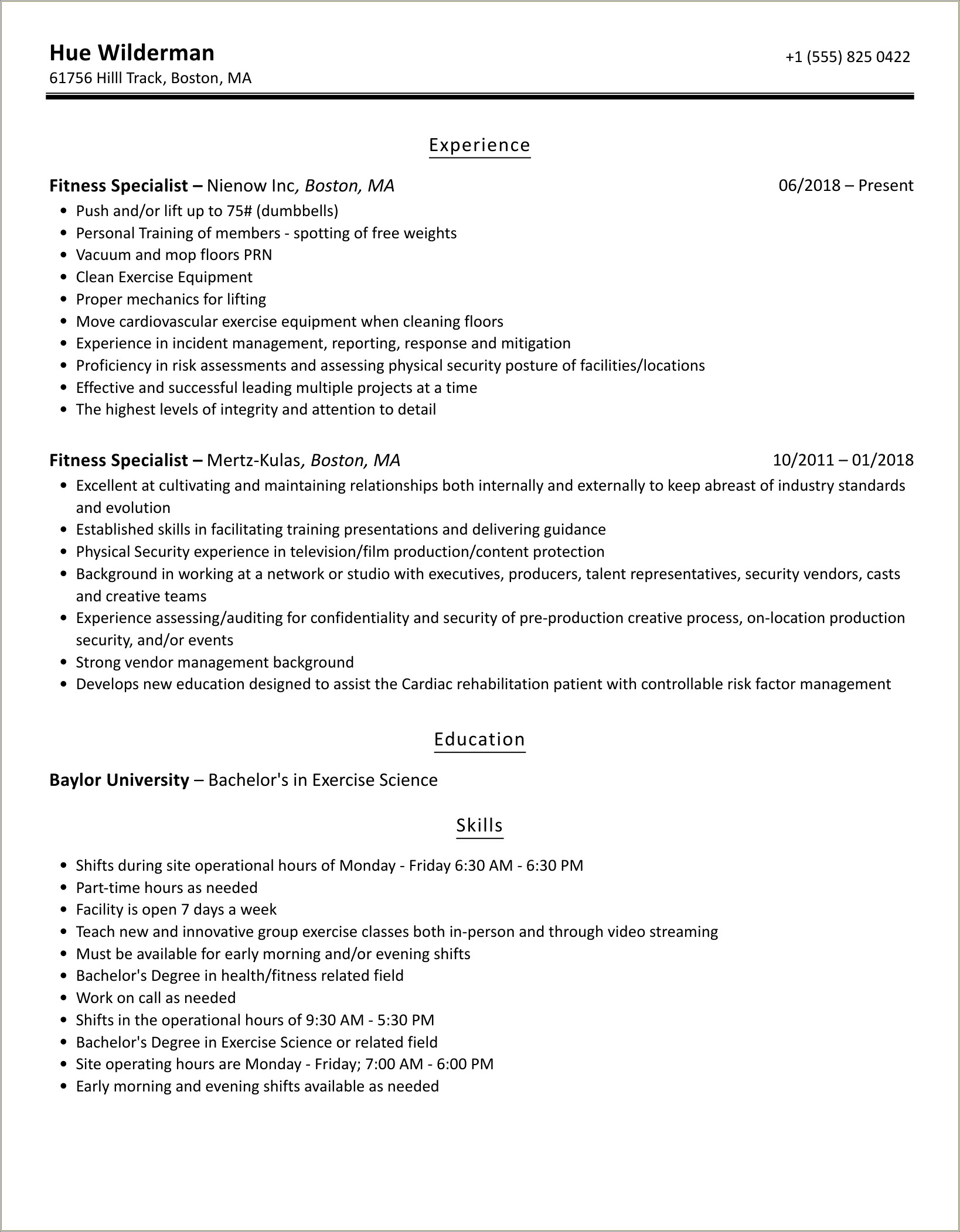 Fitness Specialist Job Description For Resume