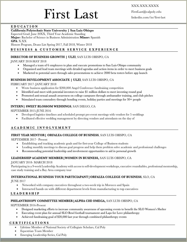 Florida State University Resume Sample Freshman