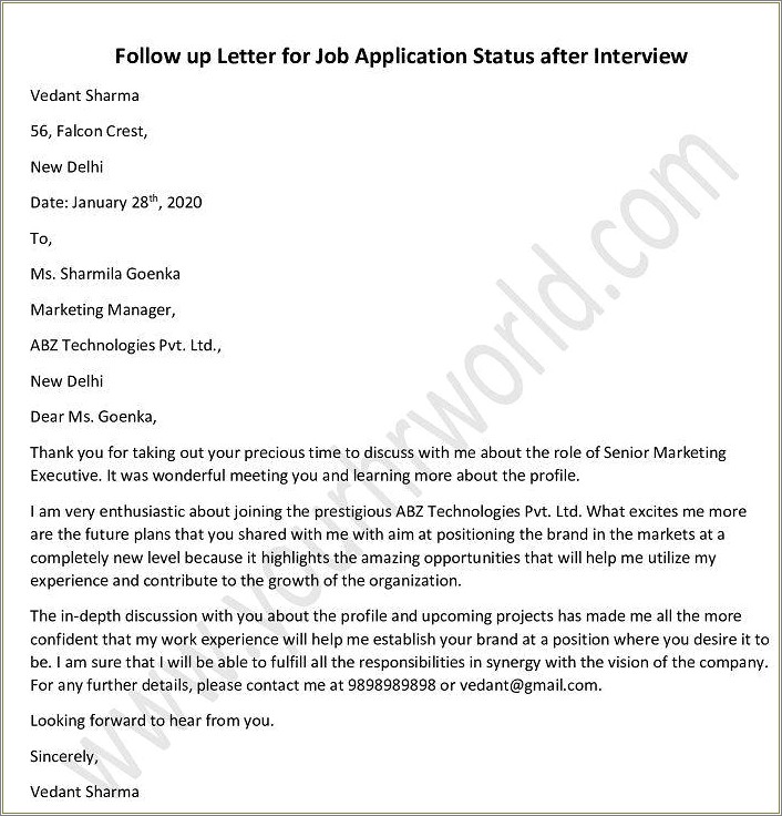 Follow Up Letter After Resume Template