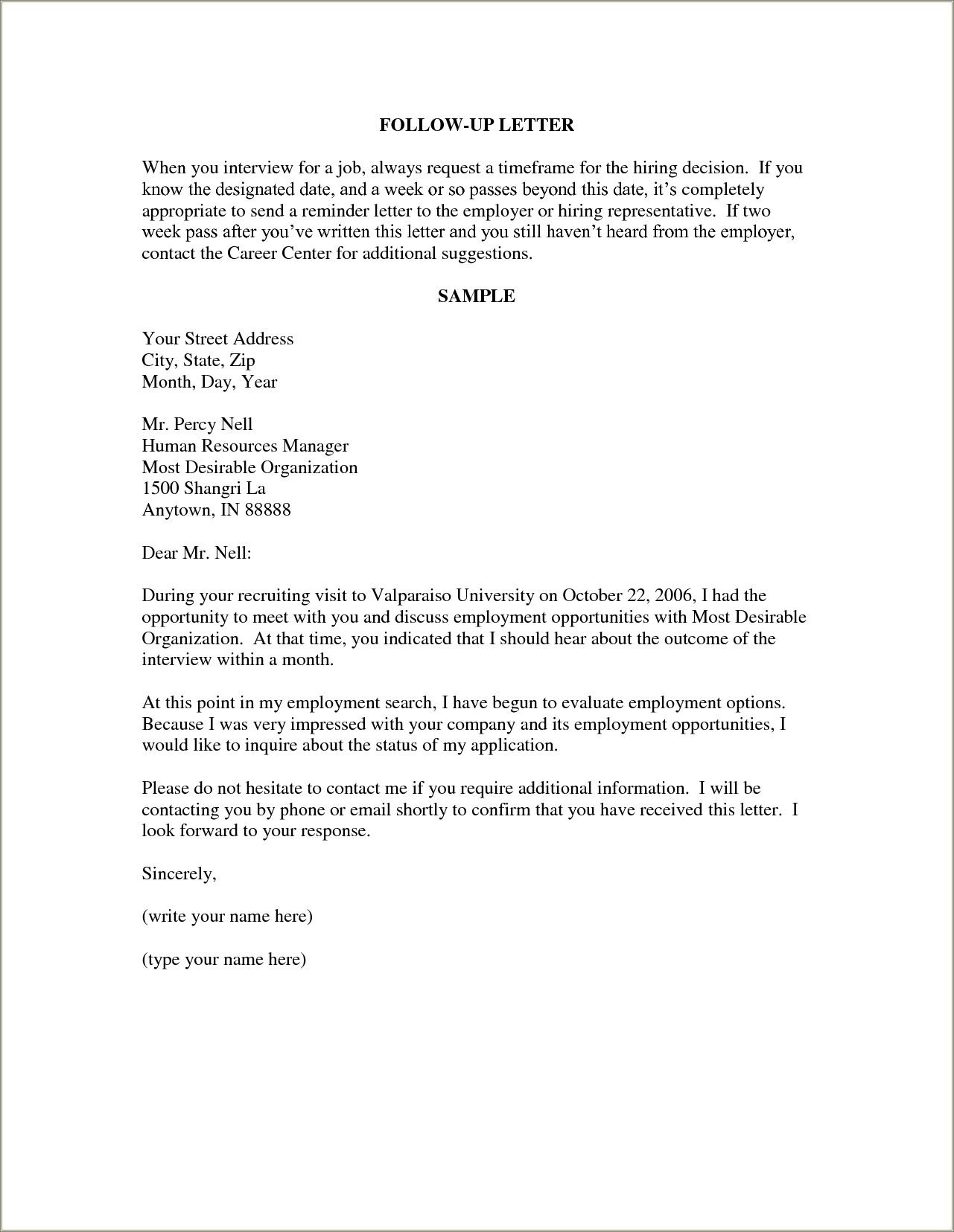 Follow Up Letter After Sending Your Resume