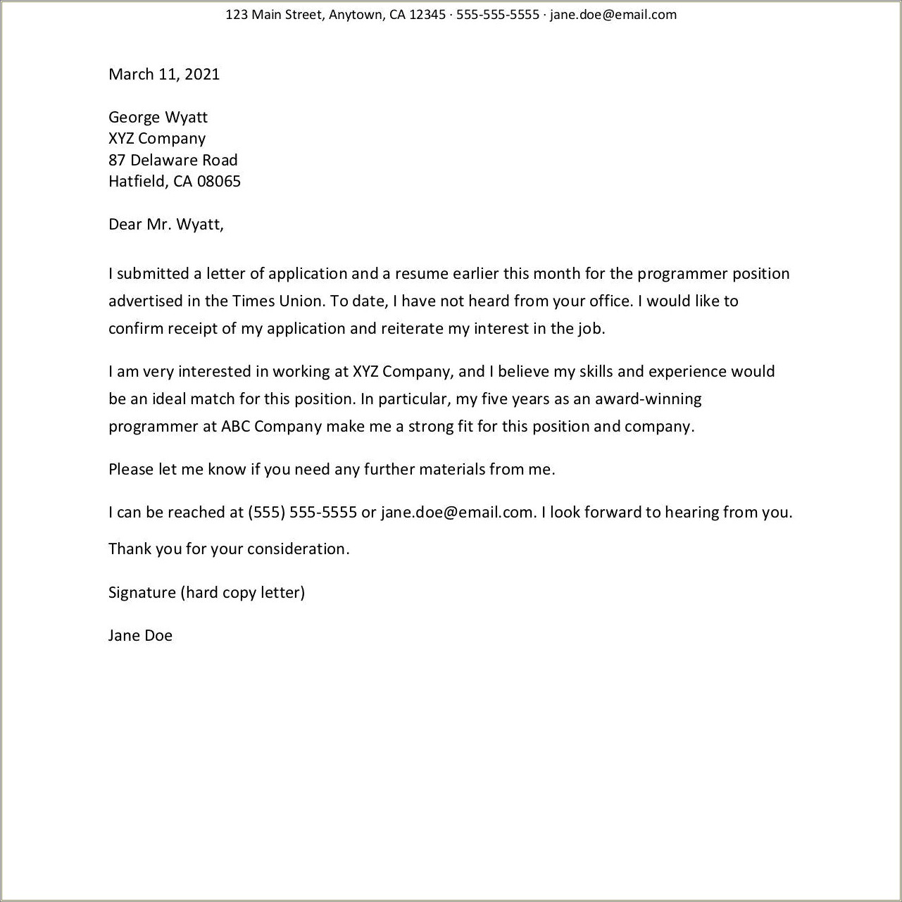 Follow Up Letter After Submitting Resume