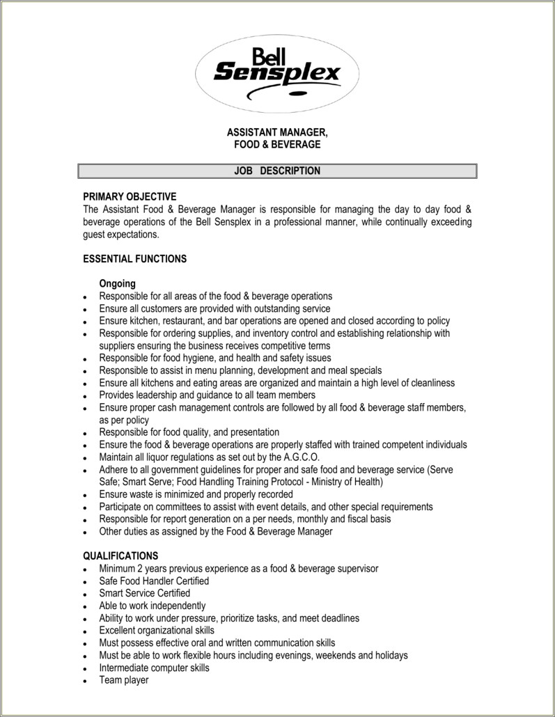 Food And Beverage Manager Job Description Resume