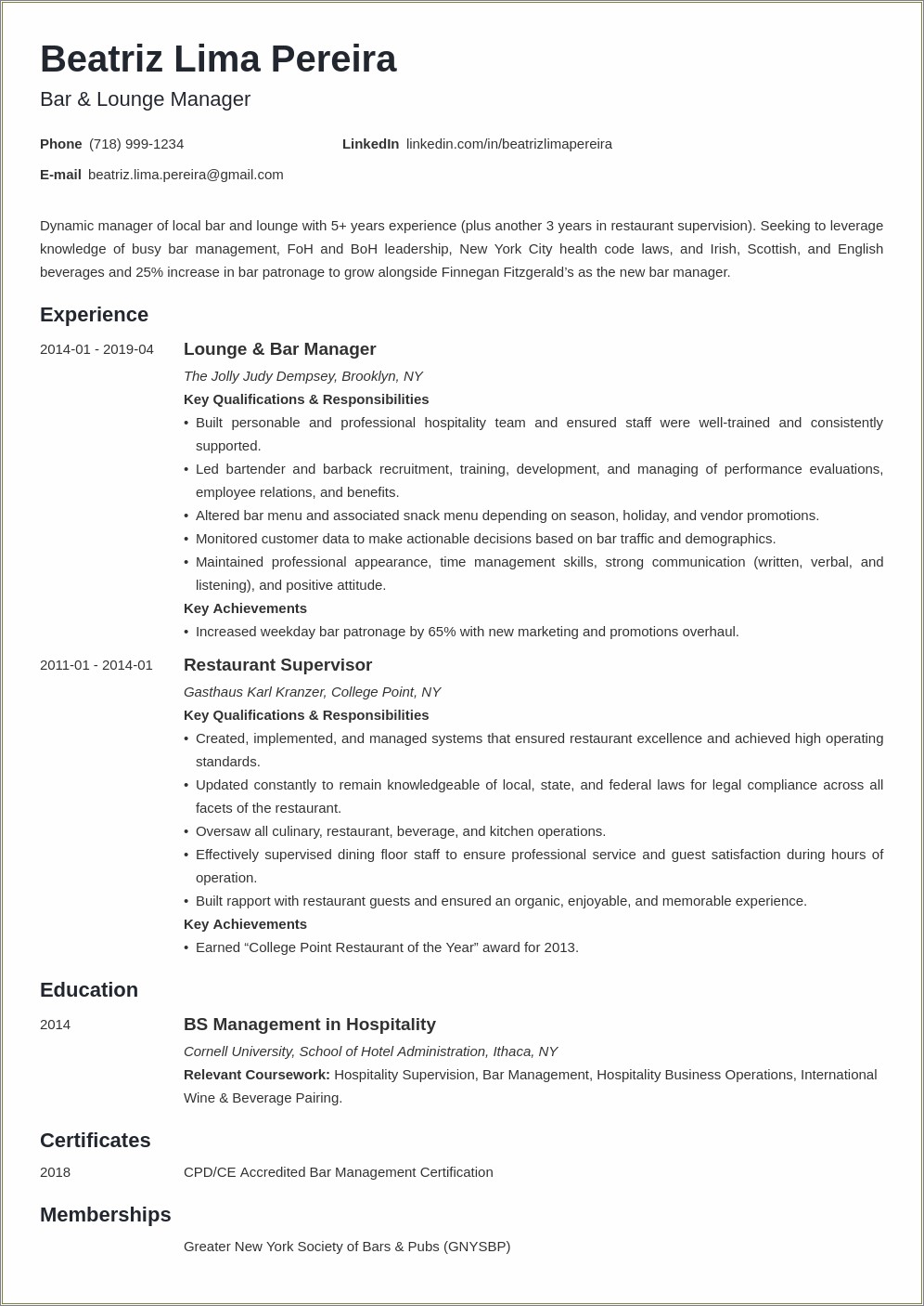 Food And Beverage Manager Resume Example