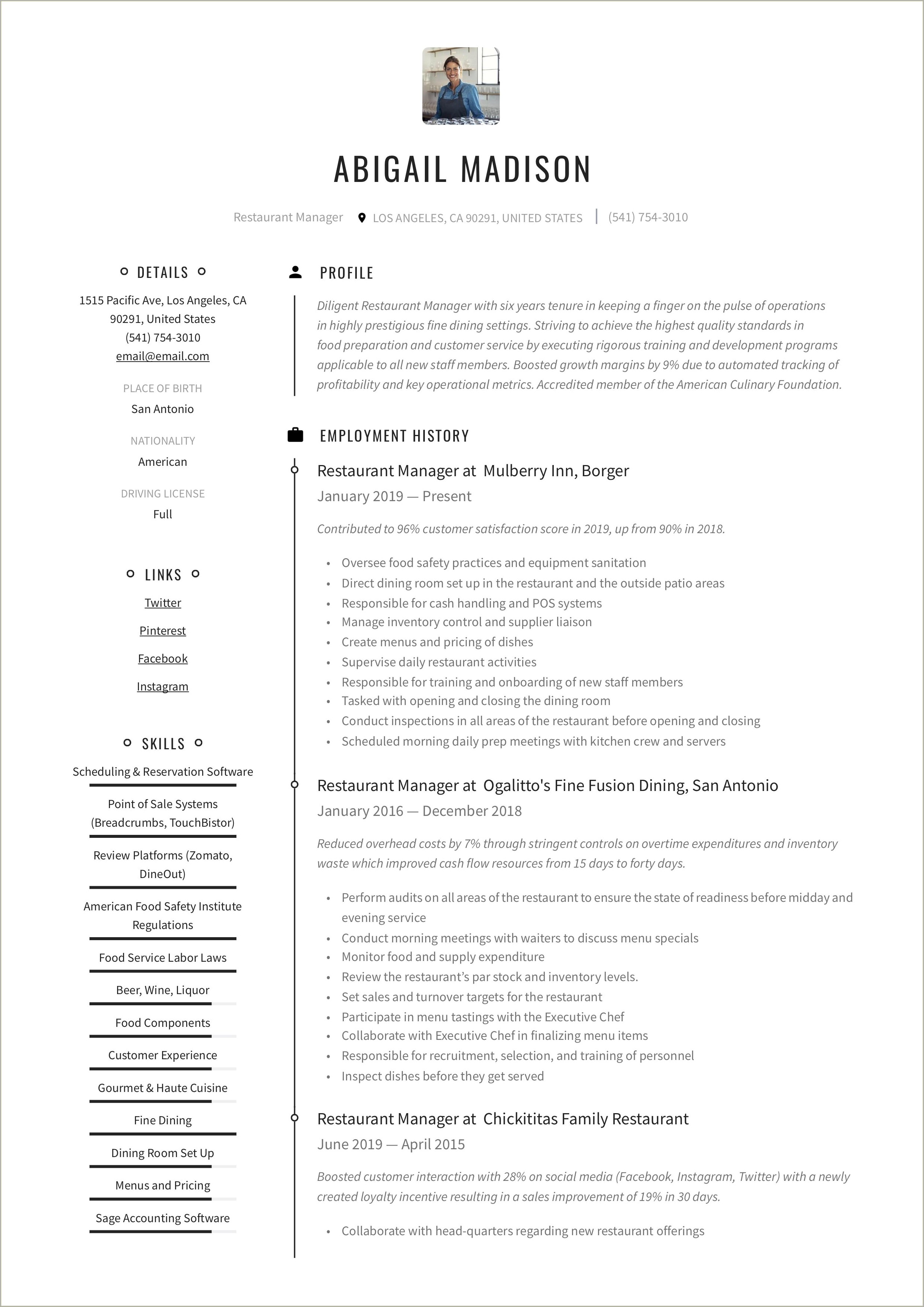 Food And Beverage Operations Manager Resume Sample