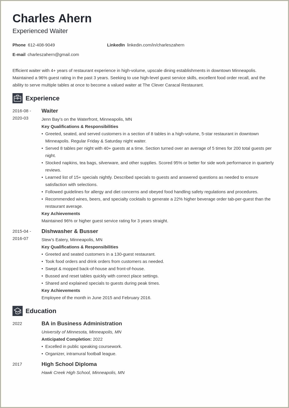 Food And Beverage Server Resume Examples