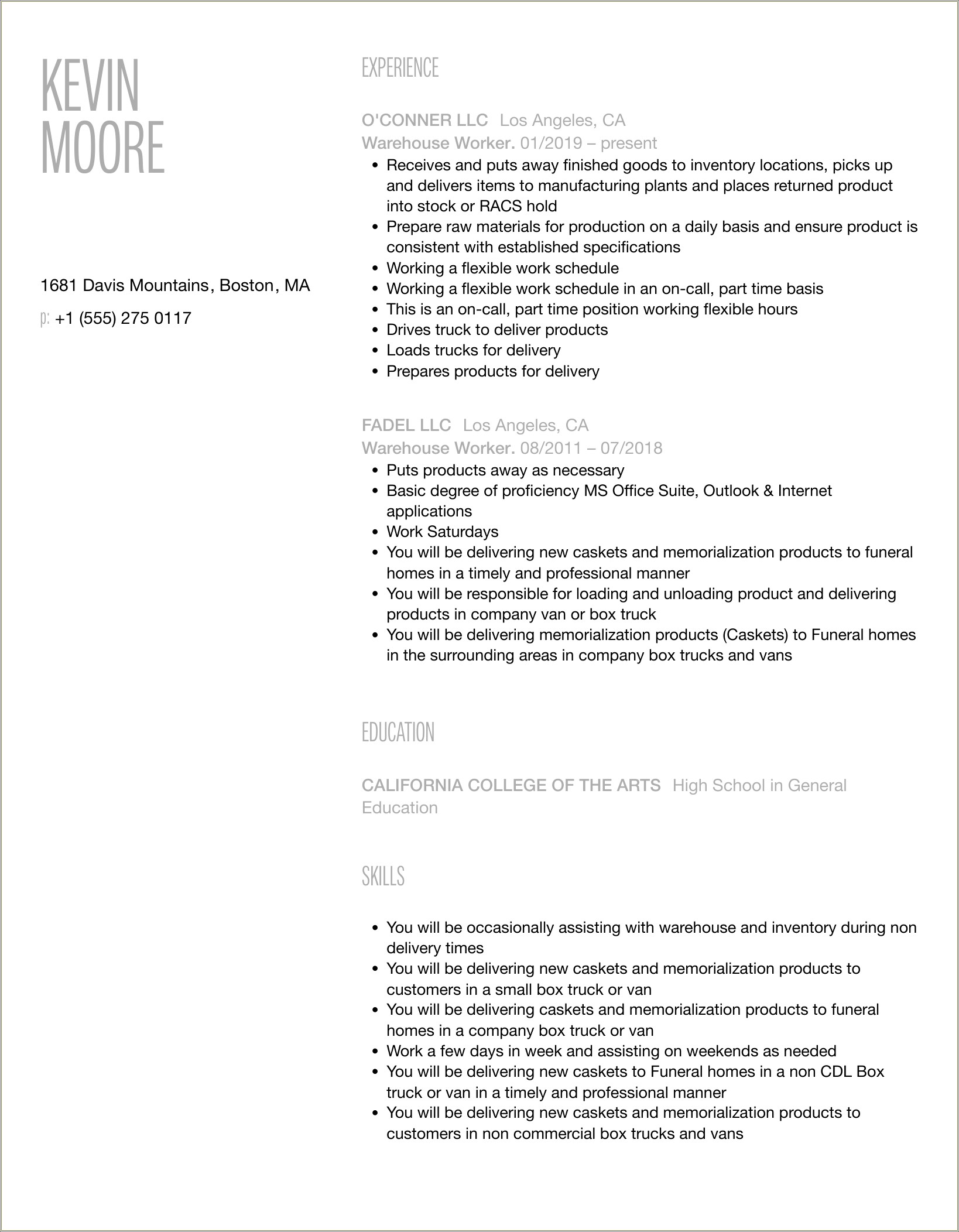 Food Authority Warehouse Receiving Worker Resume