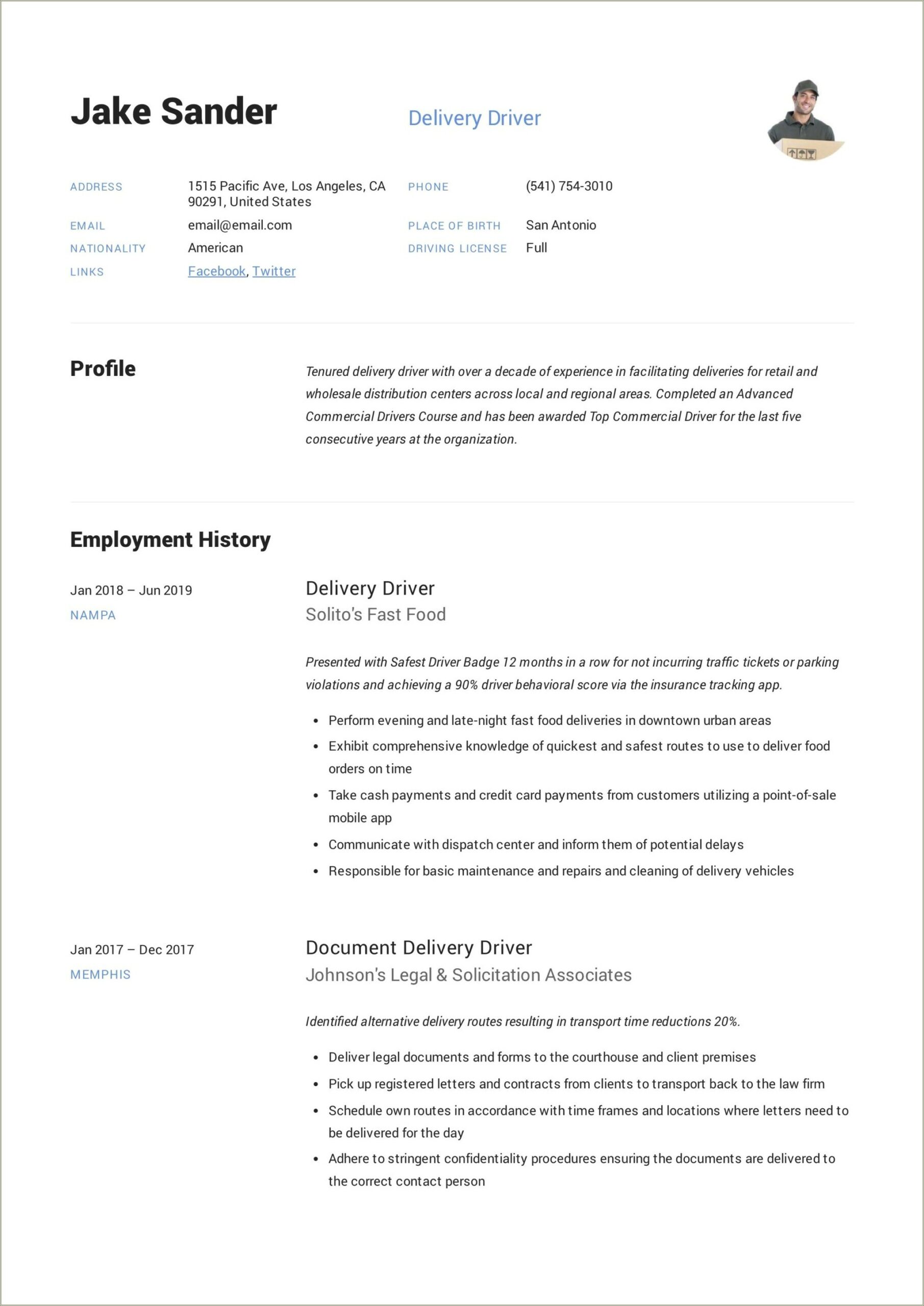 Food Delivery Driver Resume Job Description