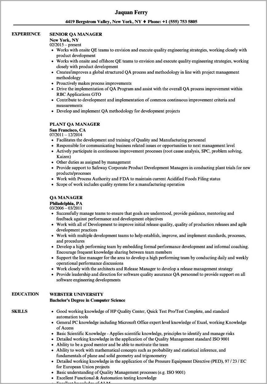 Food Industry Quality Assurance Manager Resume