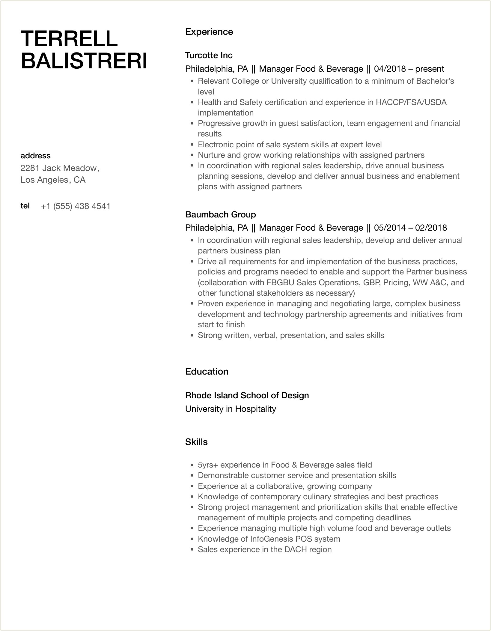 Food Manager Certificationgoo Summary On Resume