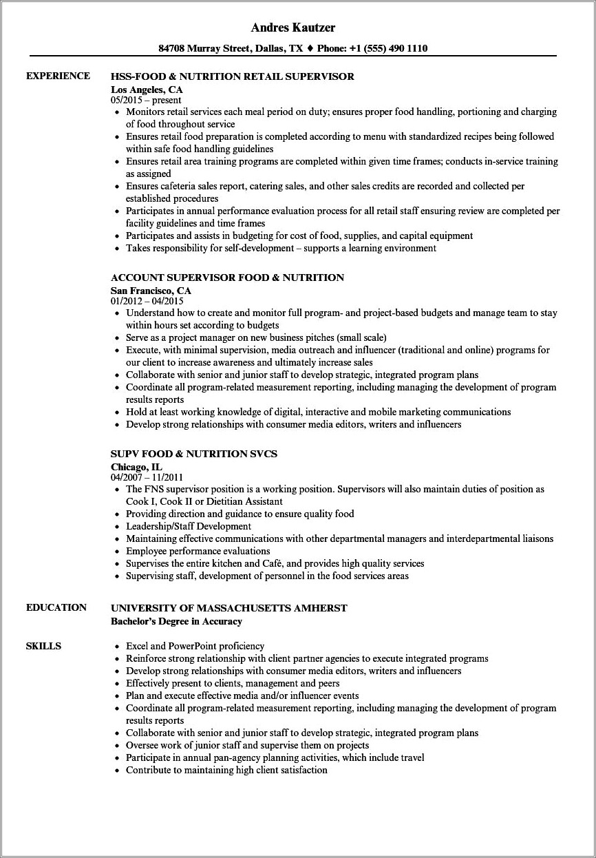 Food Nutrition Job Responsibilities For Resume