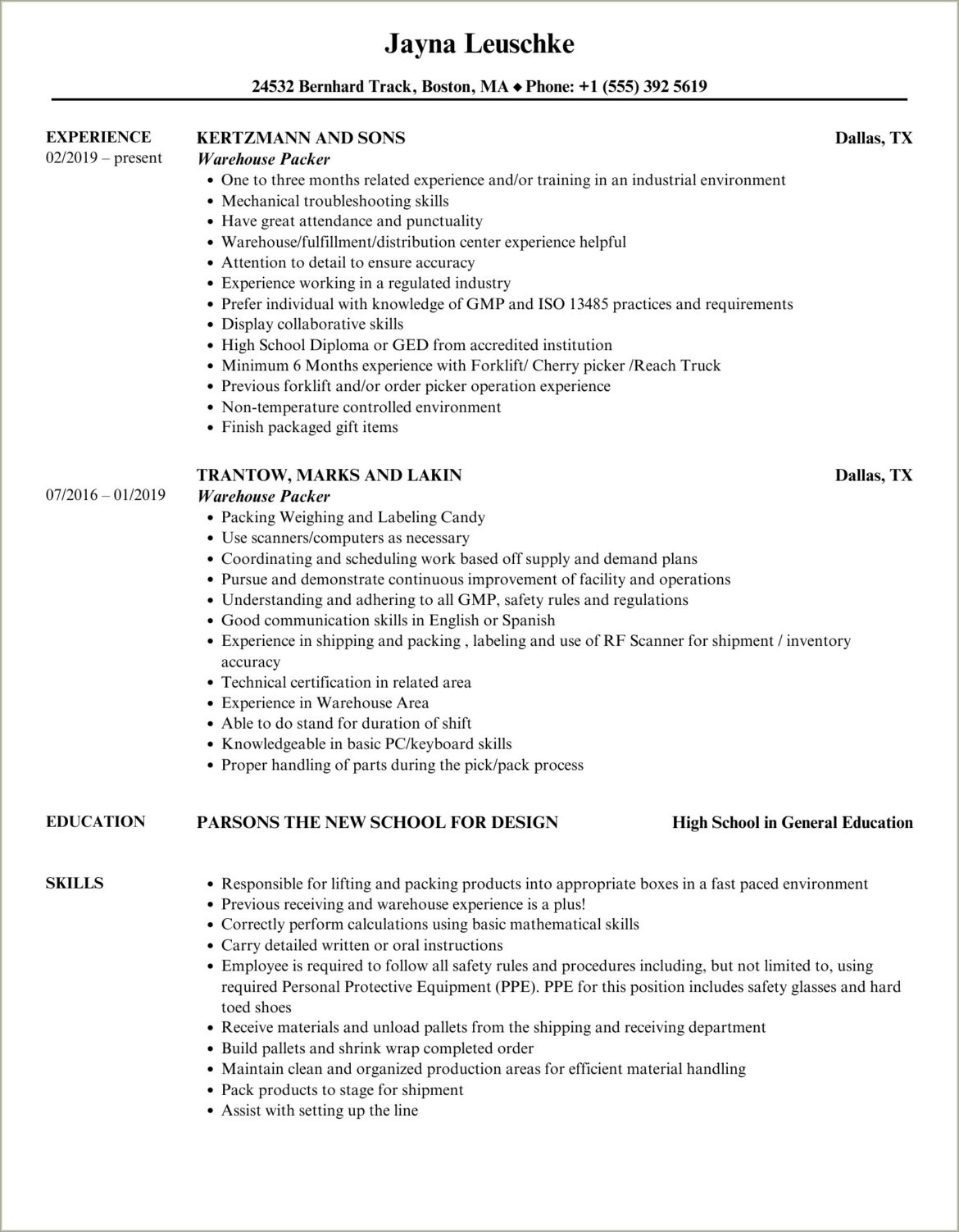 Food Packer Entry Level Sample Resume