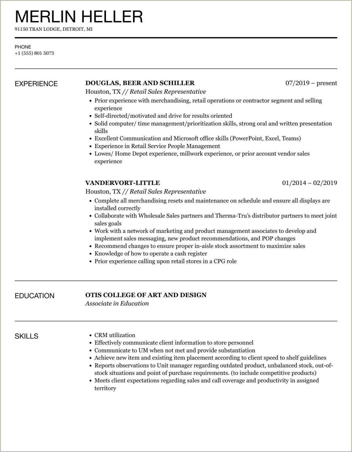 Food Sales Representative Responsibilites Resume Example