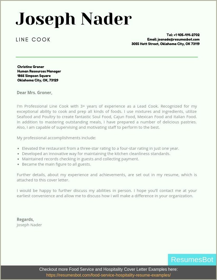 Food Service Cover Letter For Resume