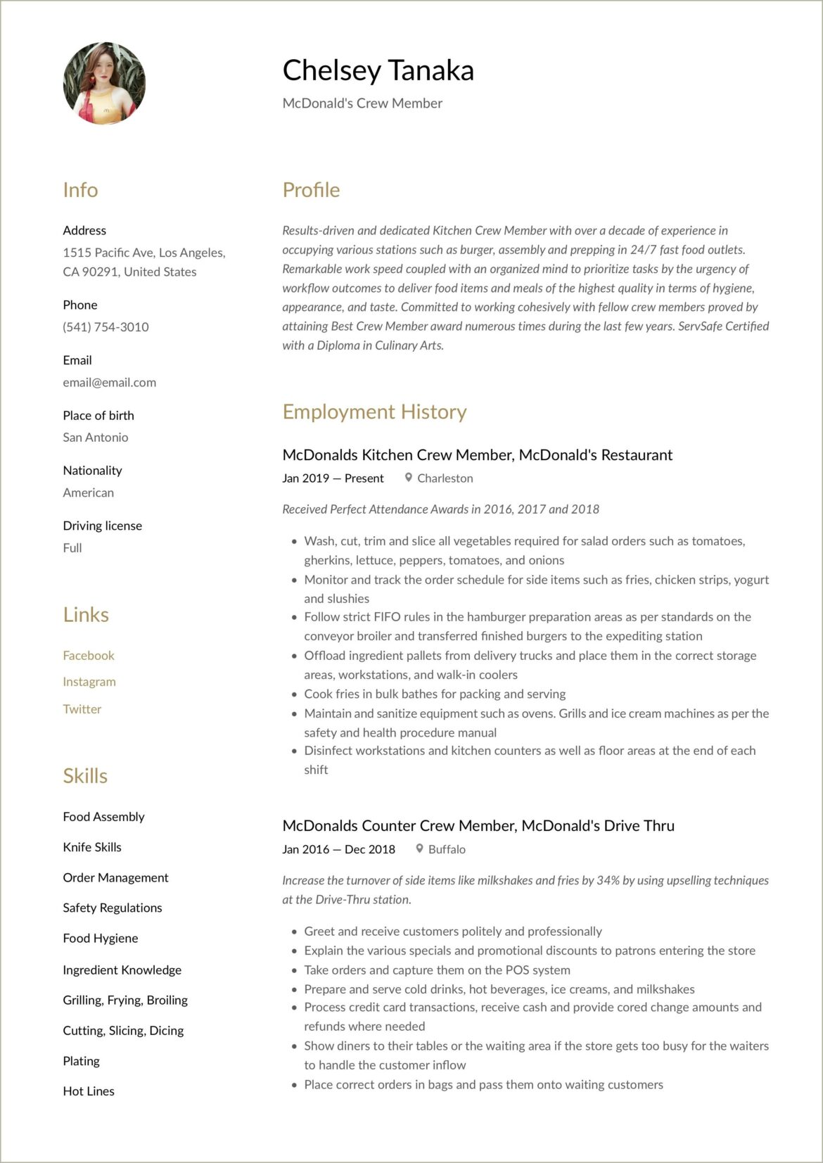 Food Service Crew Job Description Resume