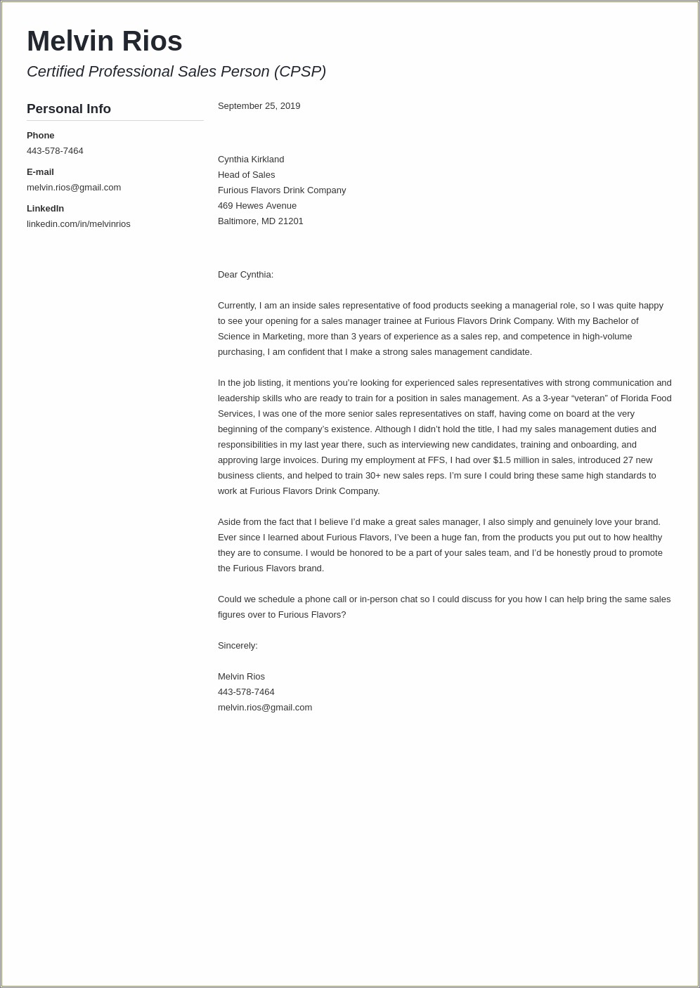Food Service Director Resume Cover Letter