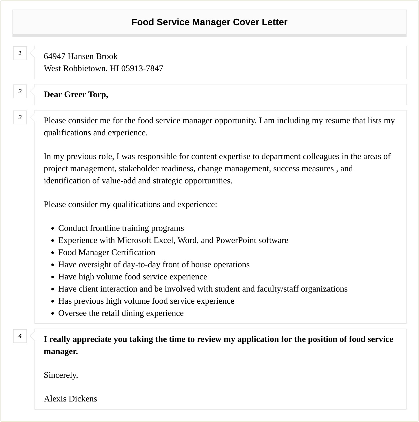 Food Service Manager Resume Cover Letter
