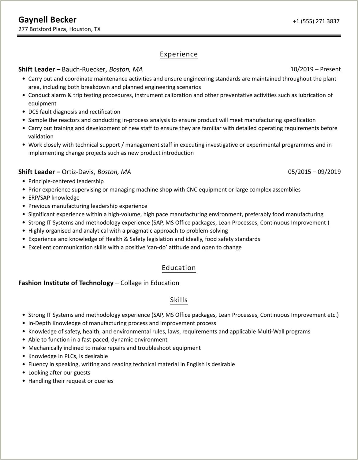 Food Service Shift Lead Resume Examples