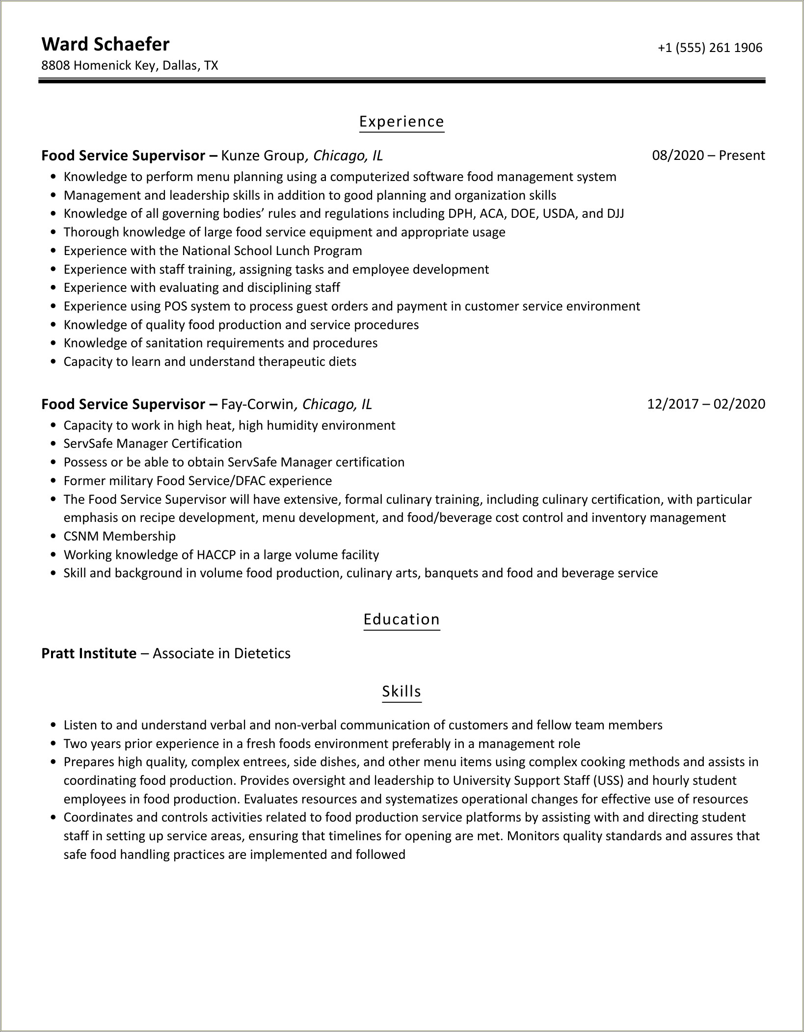 Food Service Supervisor Job Description Resume
