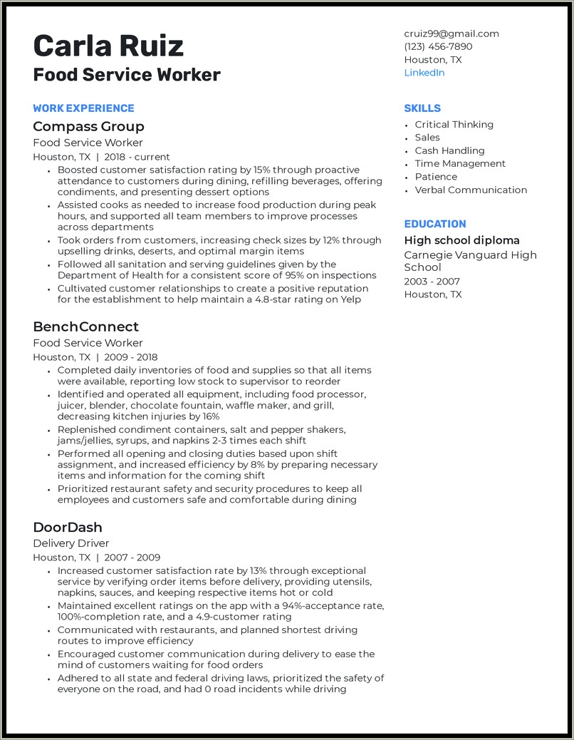 Food Service Work Experience For Resume
