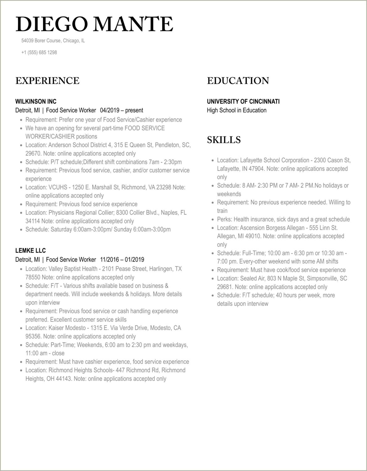 Food Service Worker Resume Samples Jobherojobhero