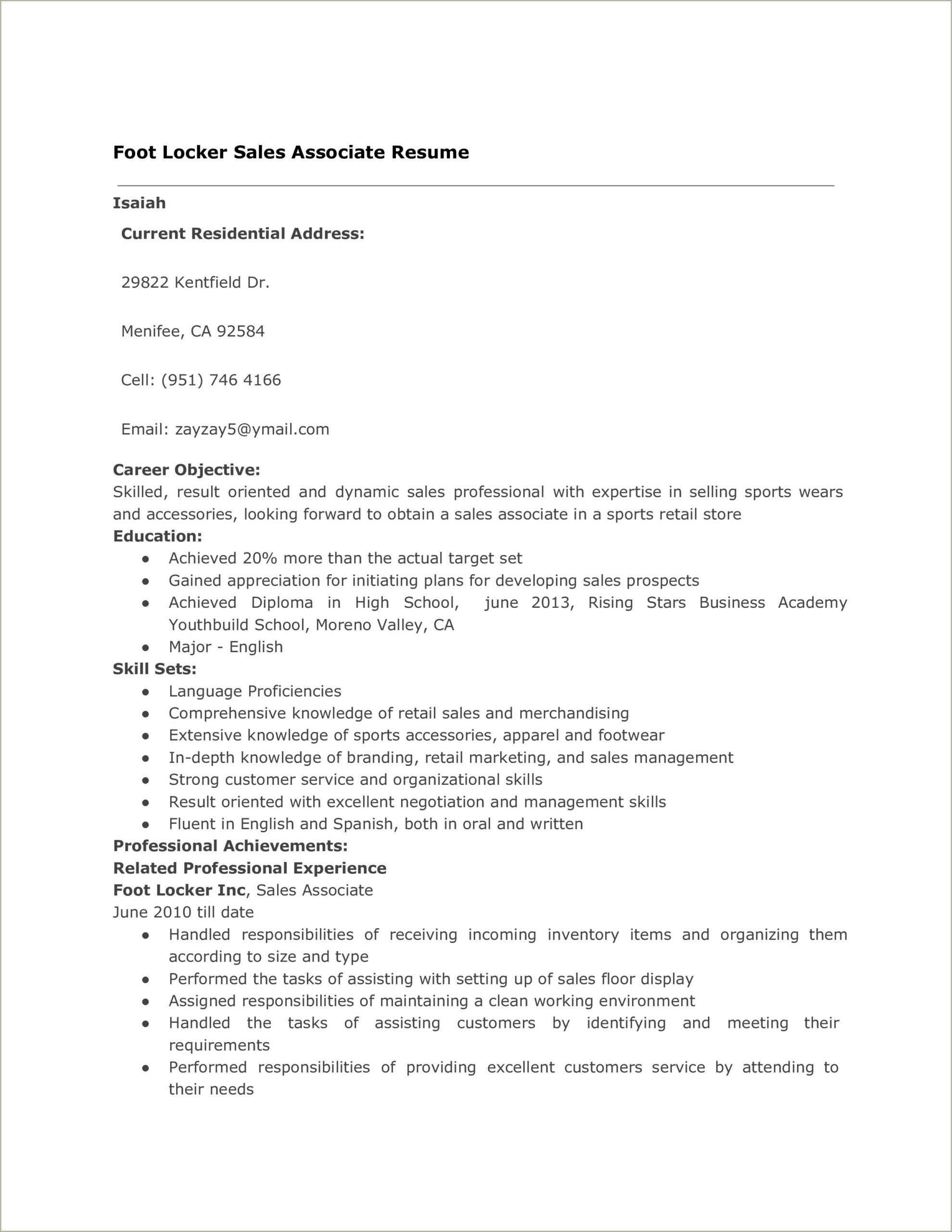 Foot Locker Sales Associate Job Resume