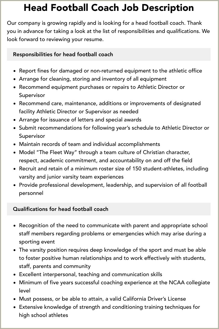 Football Coach Job Description For Resume