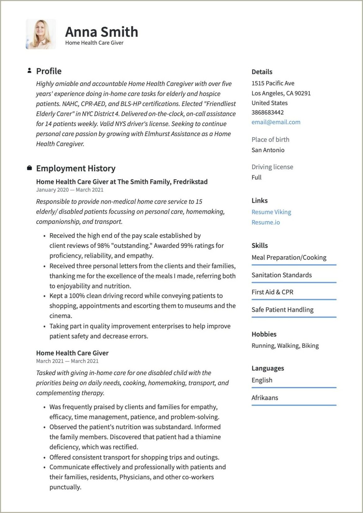 For Examples Of Resume For Caregivers