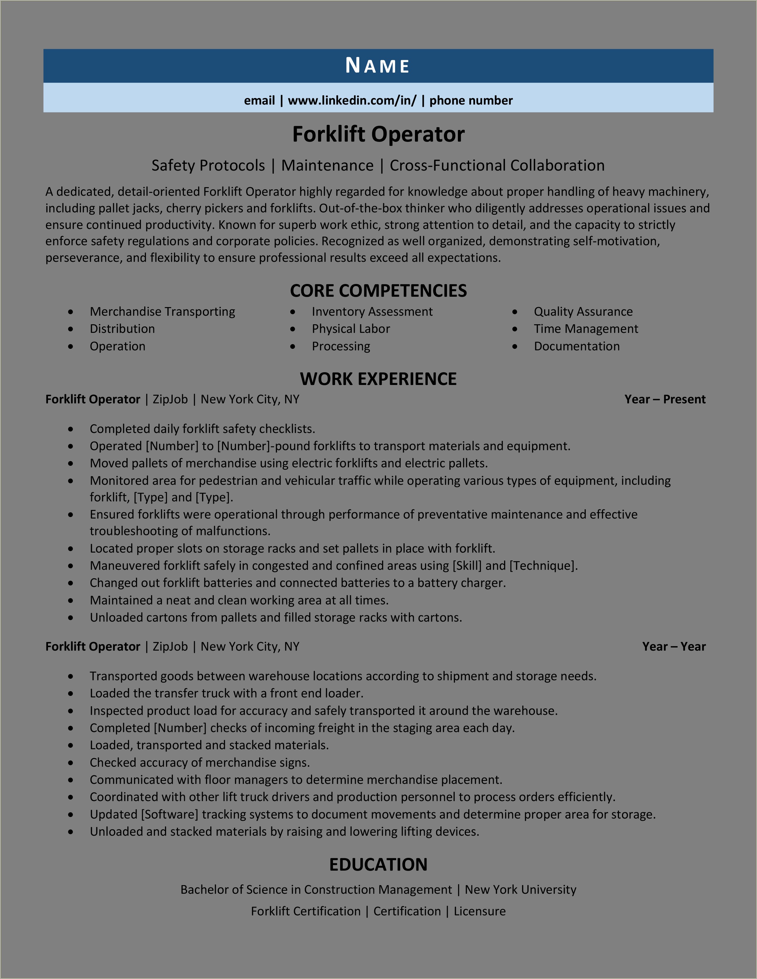 Forklift Driver Job Description For Resume