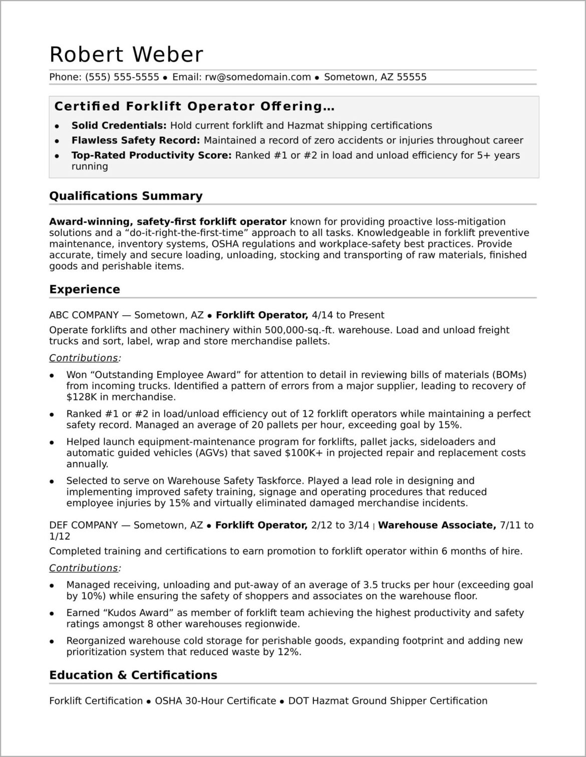 Forklift Driver Skills Description For Resume