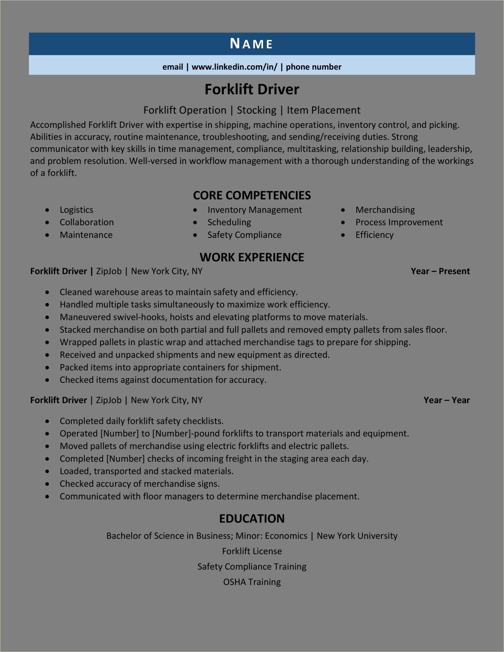 Forklift Operato Warehouse Job Description For Resume