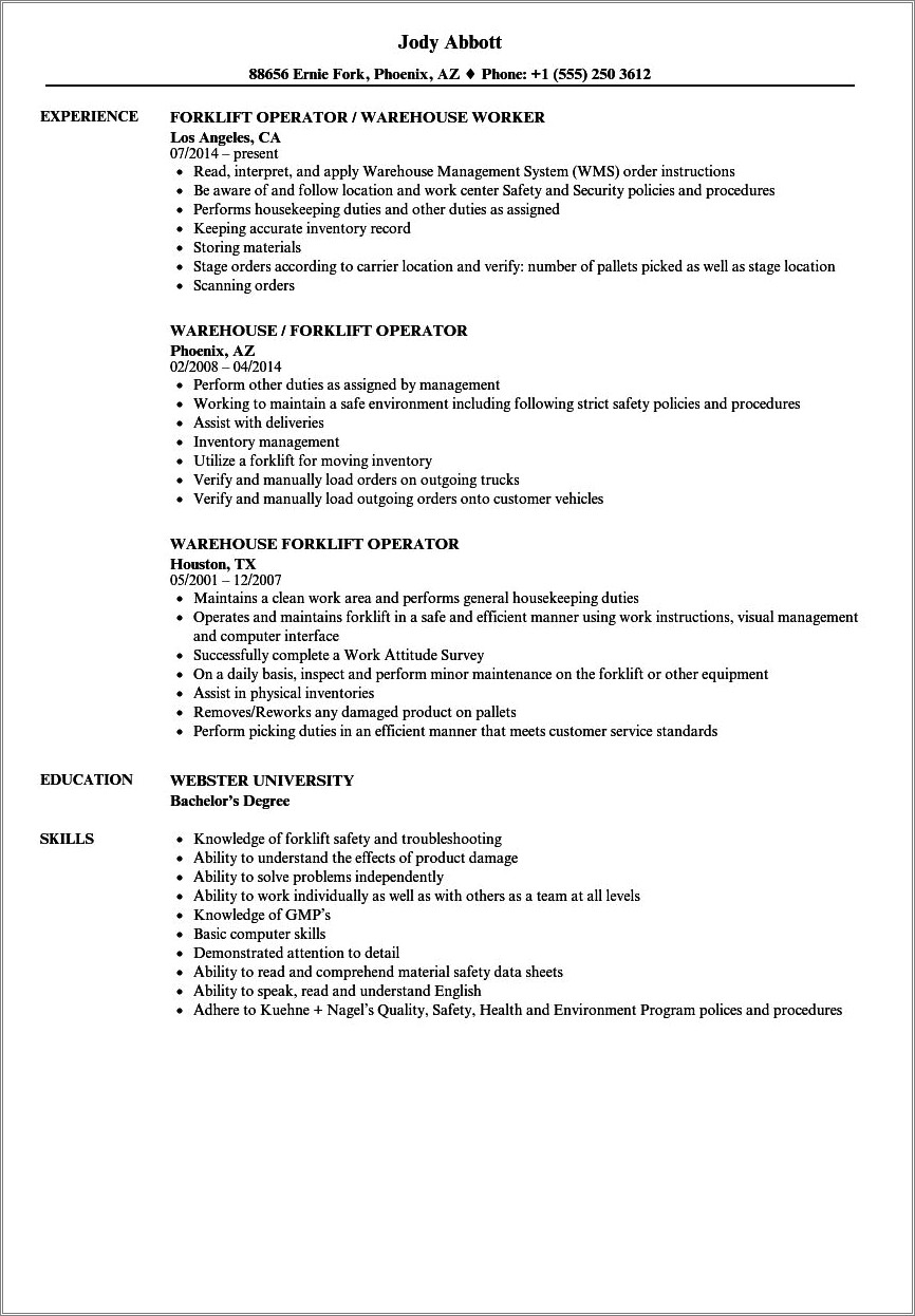 Forklift Operator Warehouse Job Description For Resume