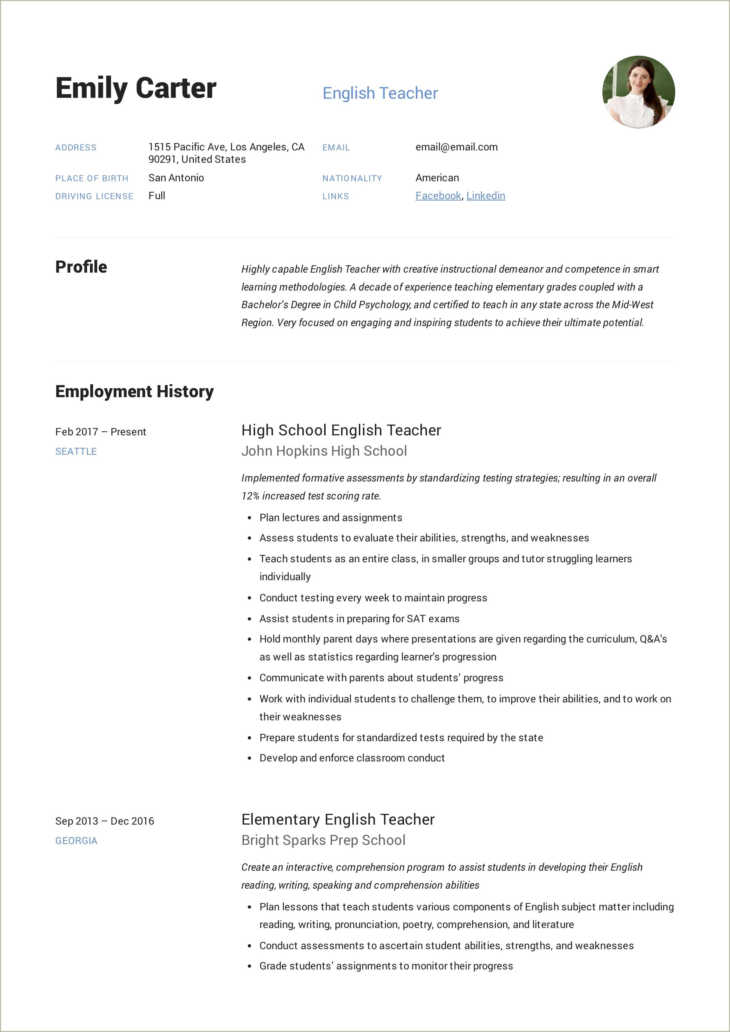 Fourth Grade Teacher Job Description Resume