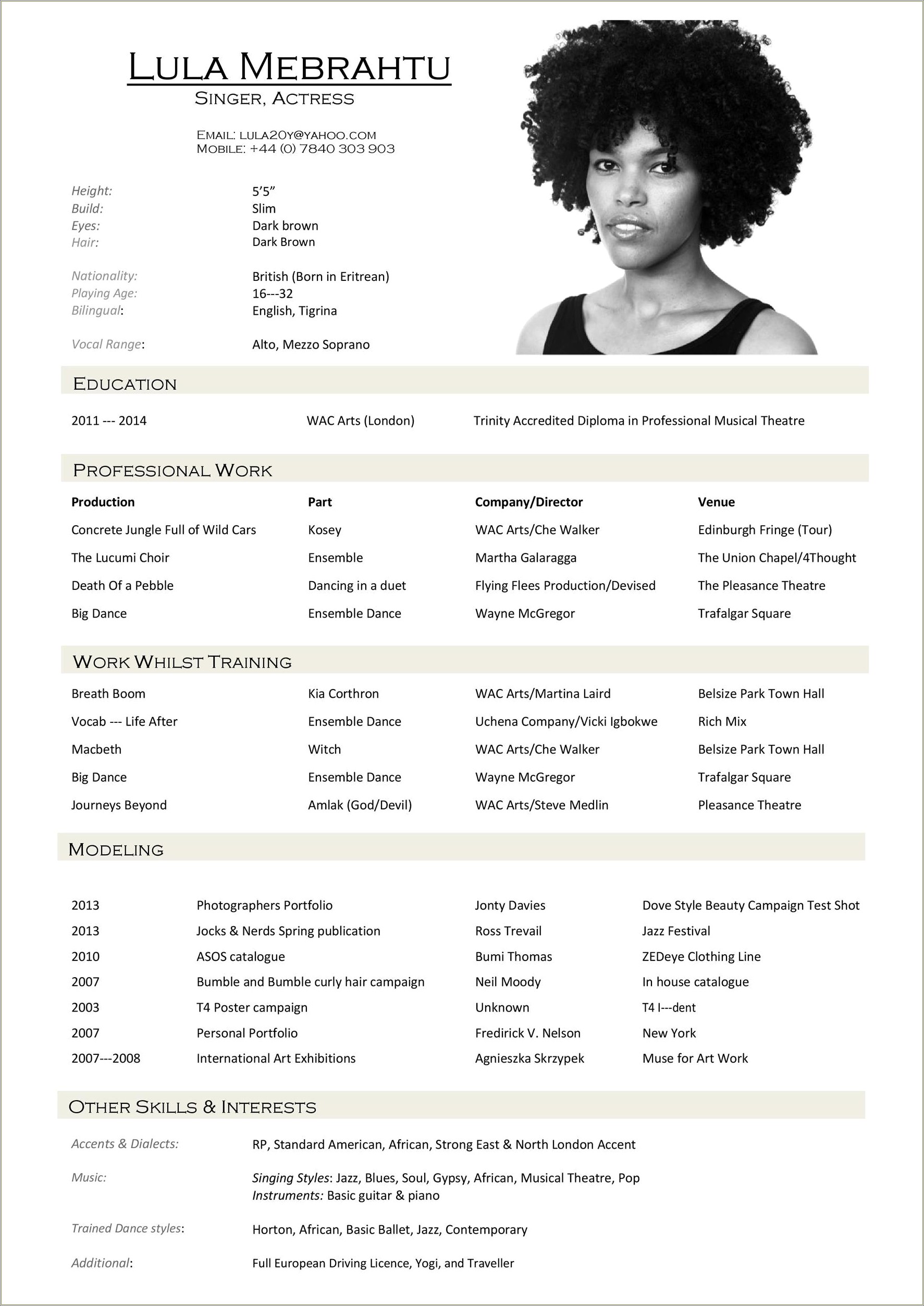 Free Acting Resume Template With Photo Word