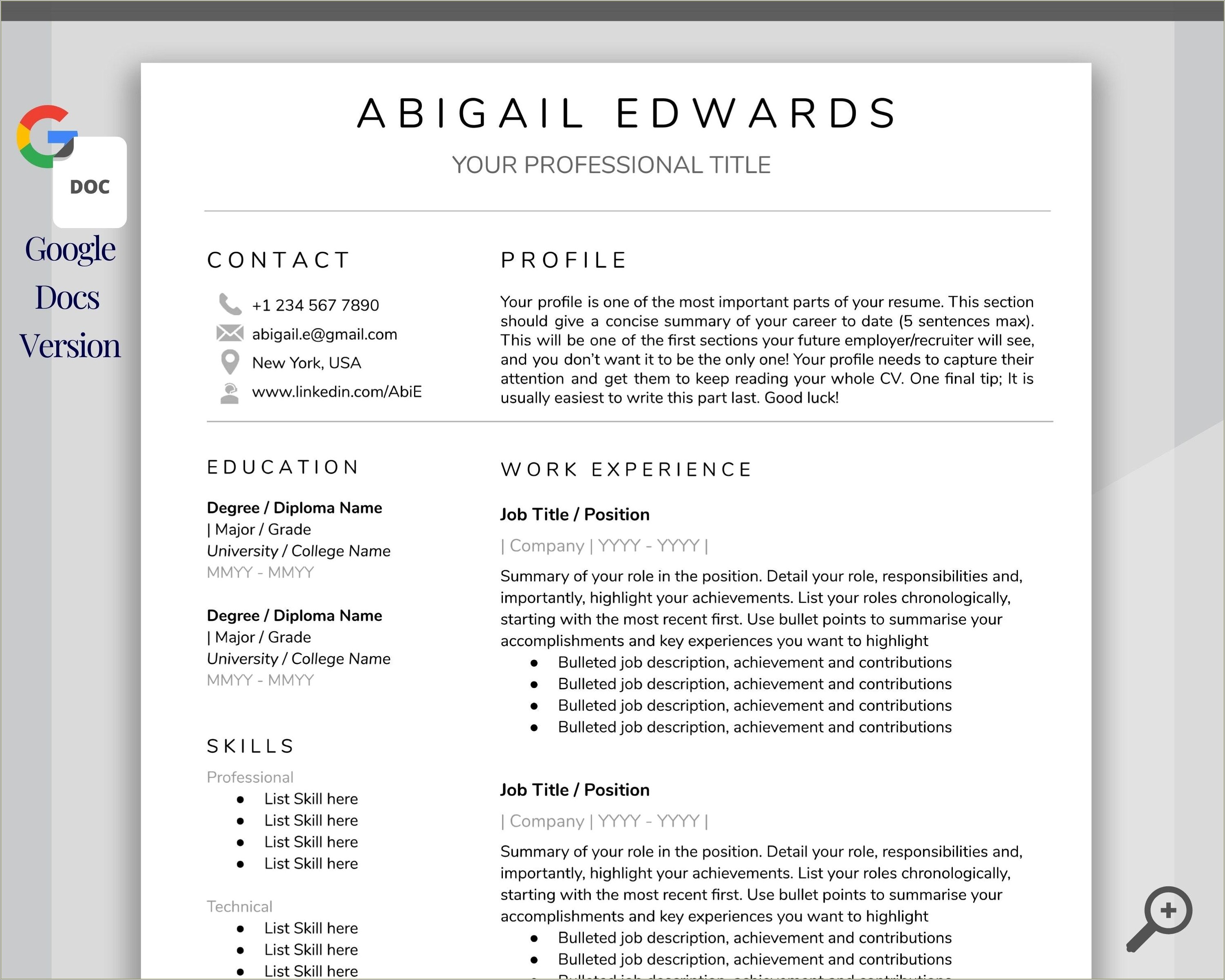 Free Business Resume Template Google Docs