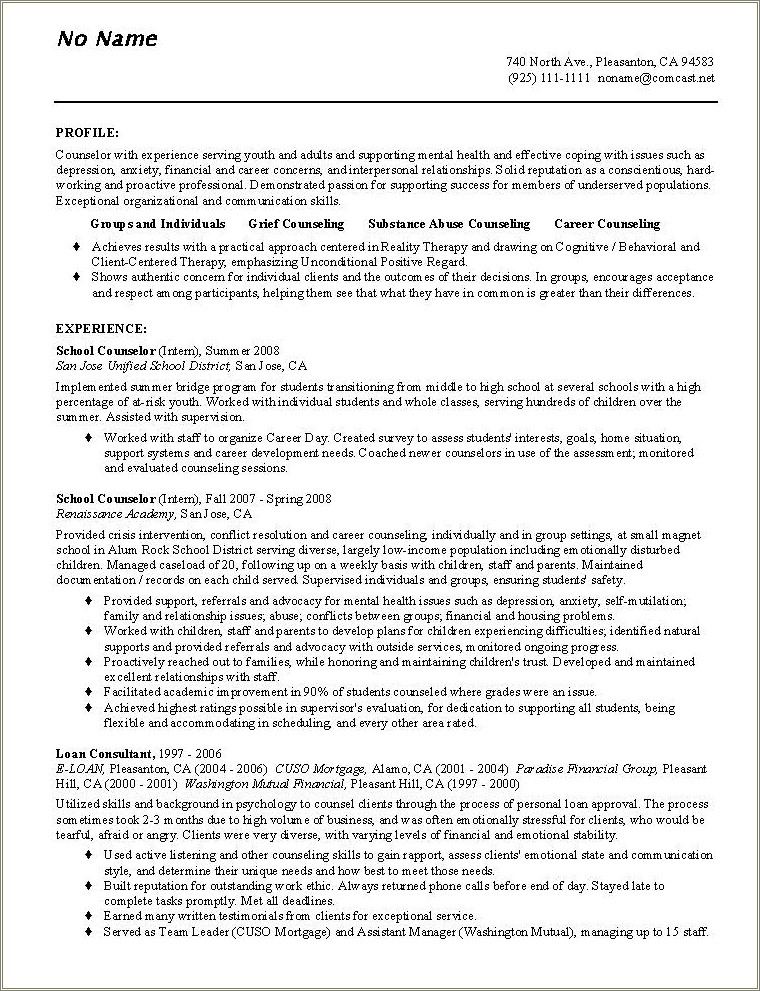 Free Chronological Resume Examples School Counselor