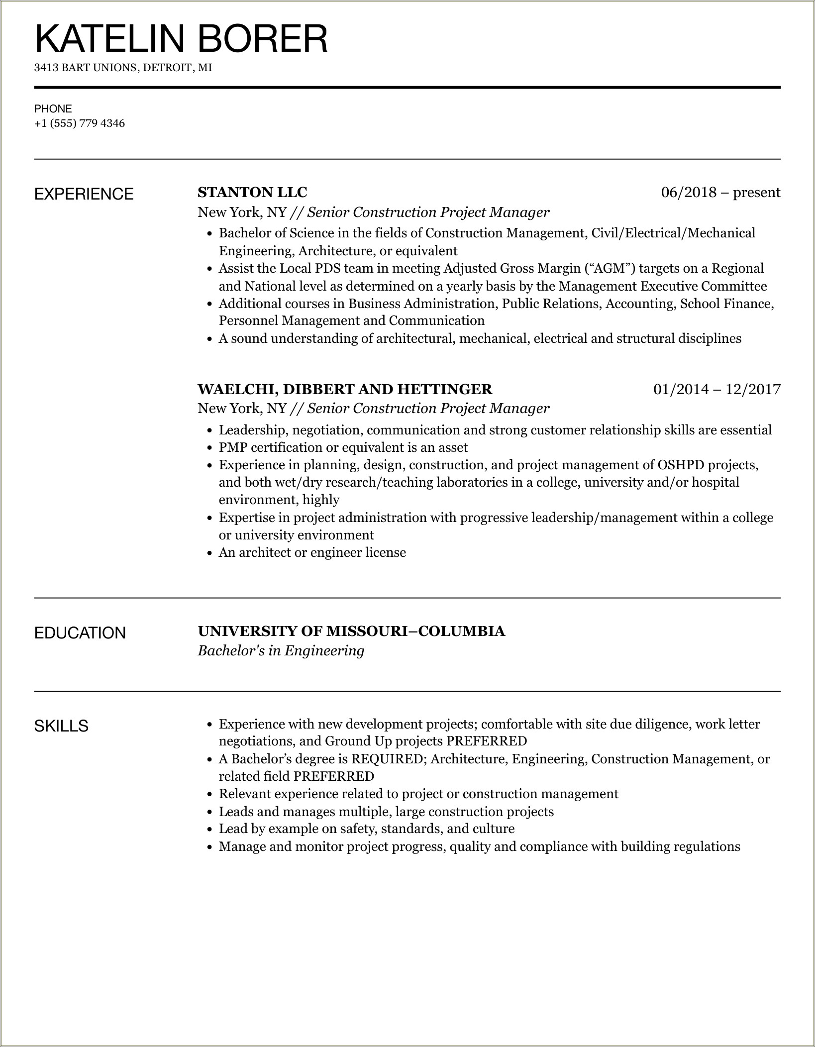 Free Construction Project Manager Resume Templates