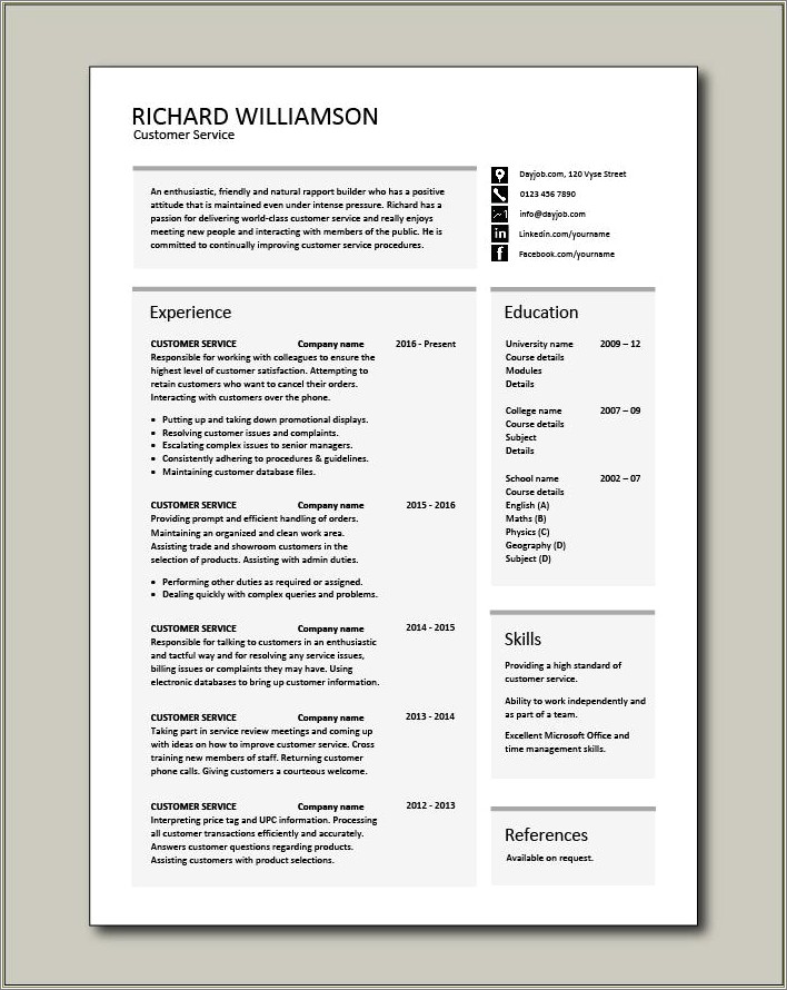 Free Customer Service Resume Template Download