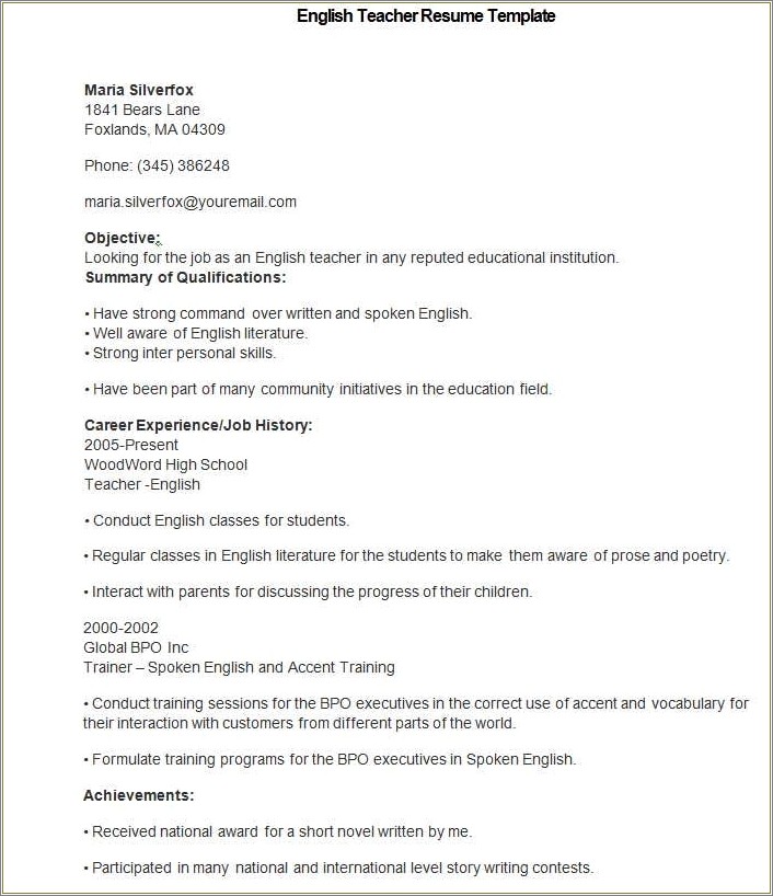 Free Download Resume Format For Freshers Teacher