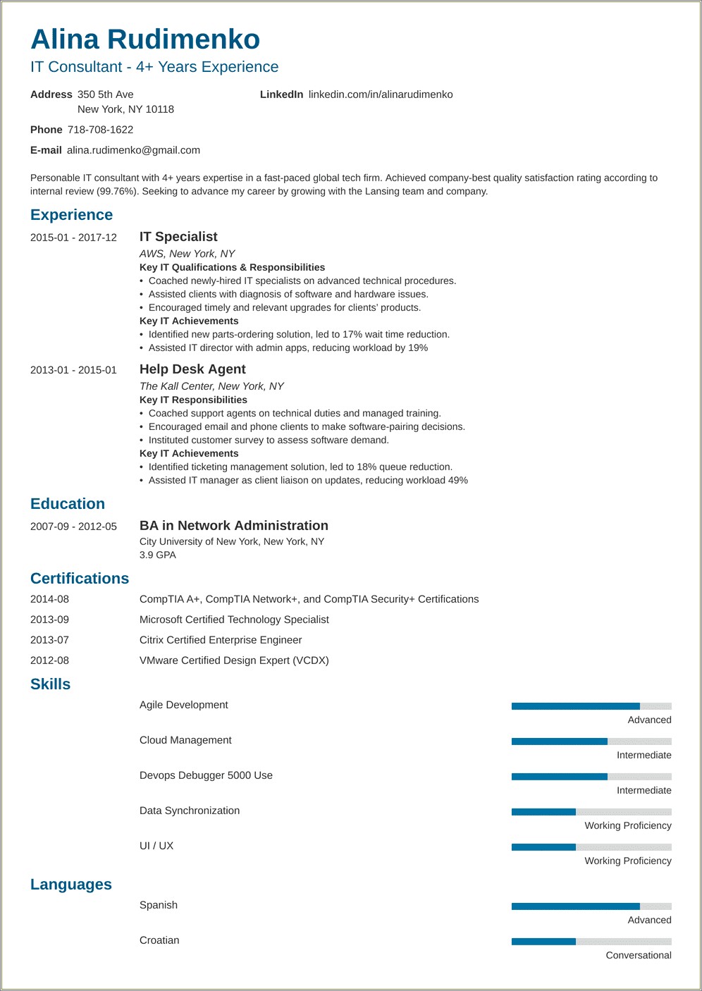 Free Entry Level Information Technology Resume Templates Download