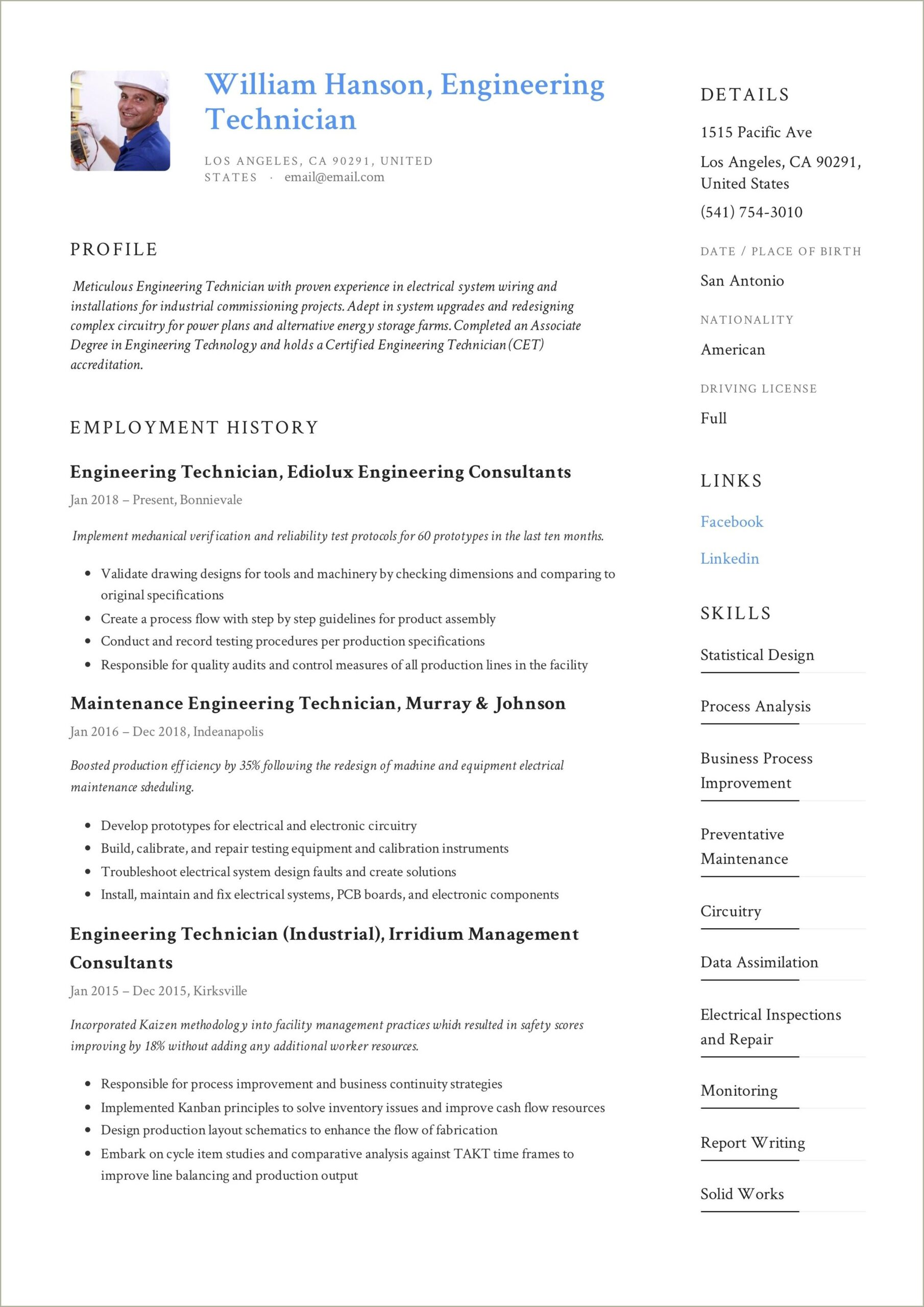Free Example Of A Engineering Technician Resume