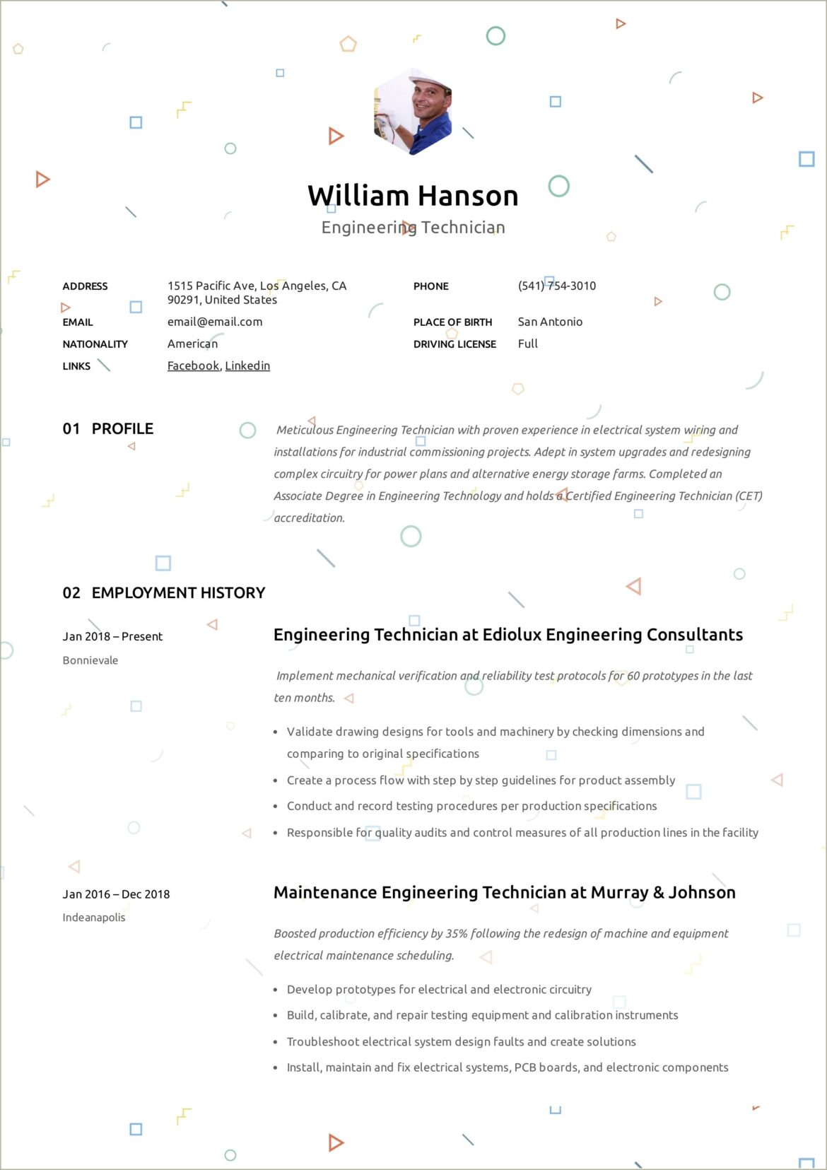 Free Example Of Engineering Technician Resumes