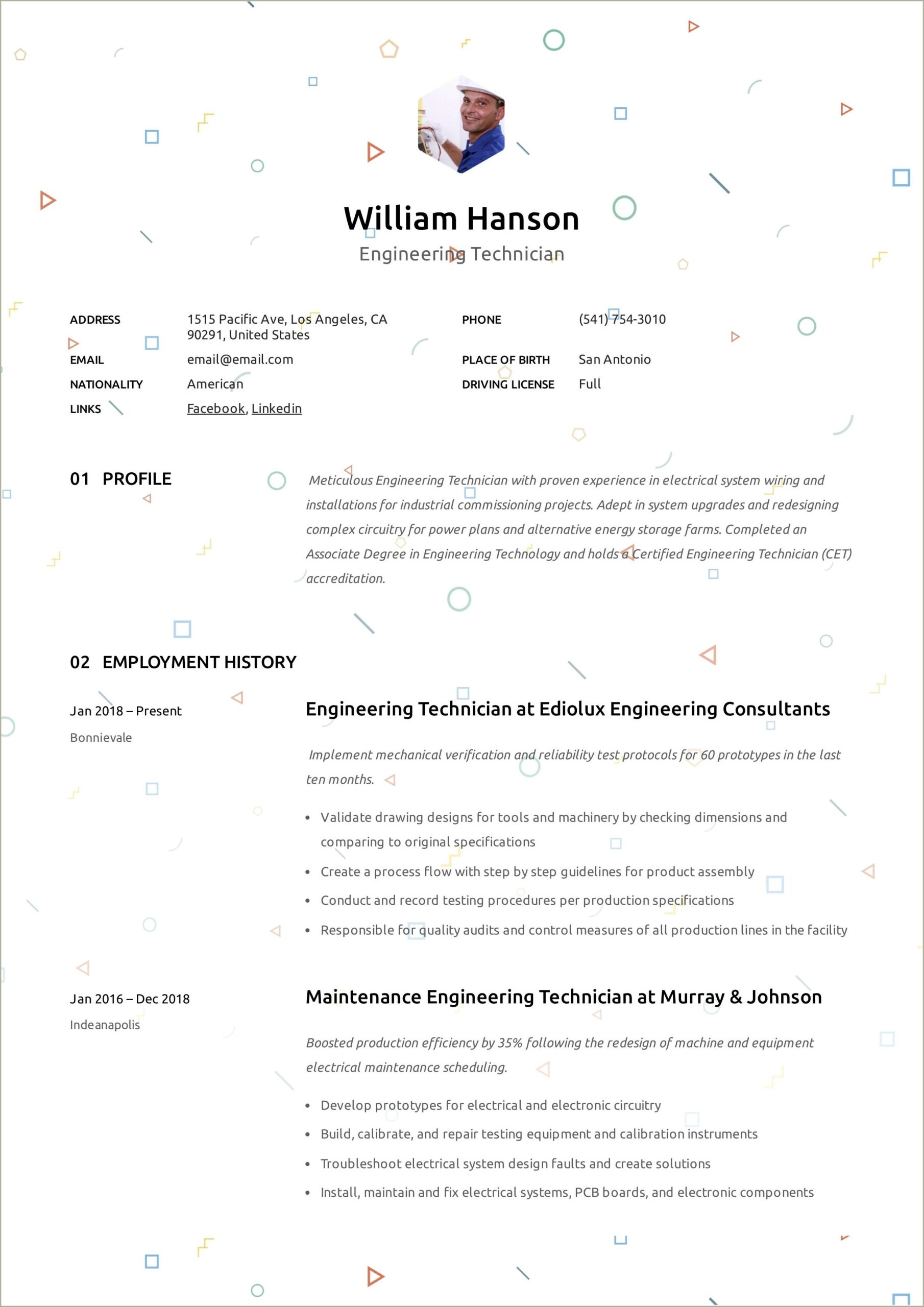 Free Example Of Engineering Technician Resumes