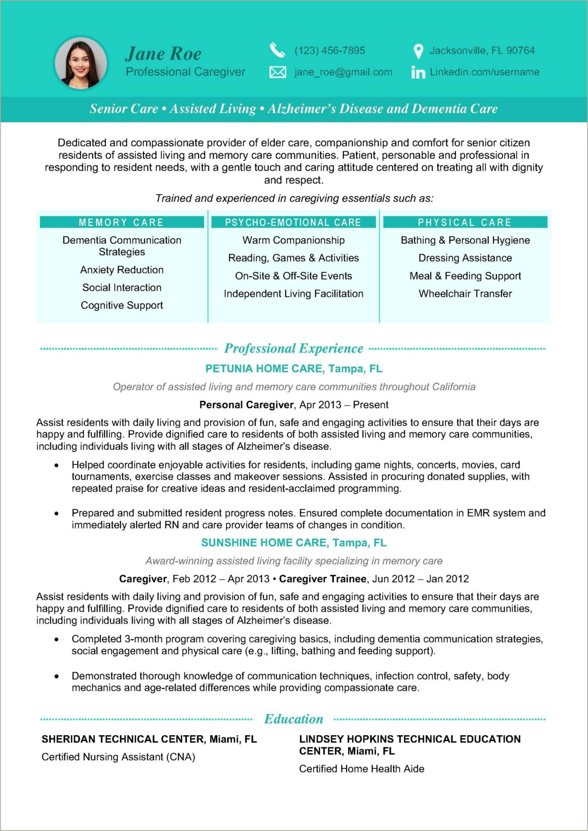 Free Example Resumes For Assisted Living Caregiver