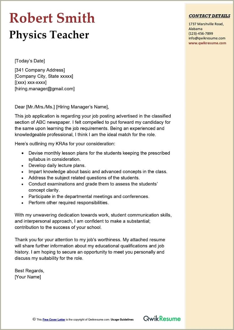 Free Examples Of A Resume Cover Letter