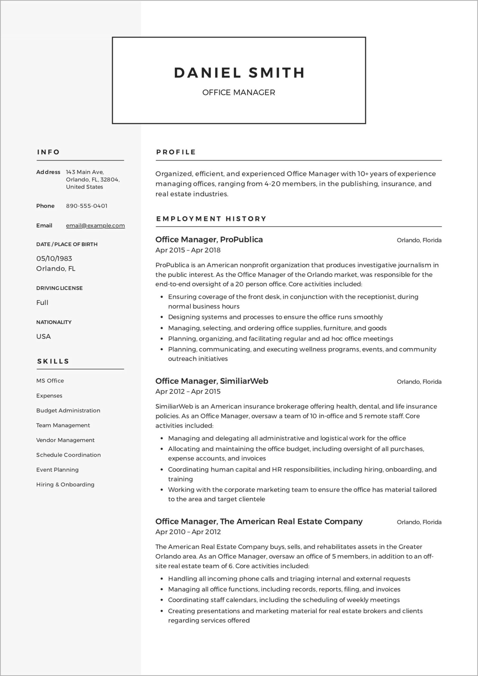 Free Examples Of Office Manager Resume